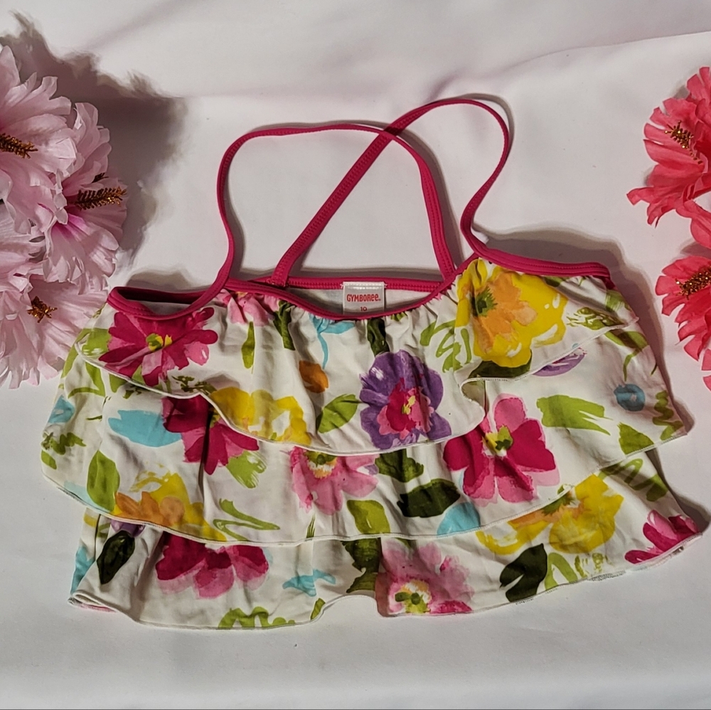 Gymboree Girls Tiered White Floral Racerback Tankini Bathing Suit Top Sz 10 EUC
